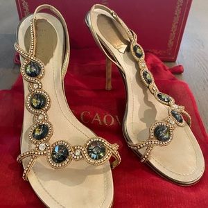 Rene Caovilla evening shoes. Gold, green and beige. Stunning!